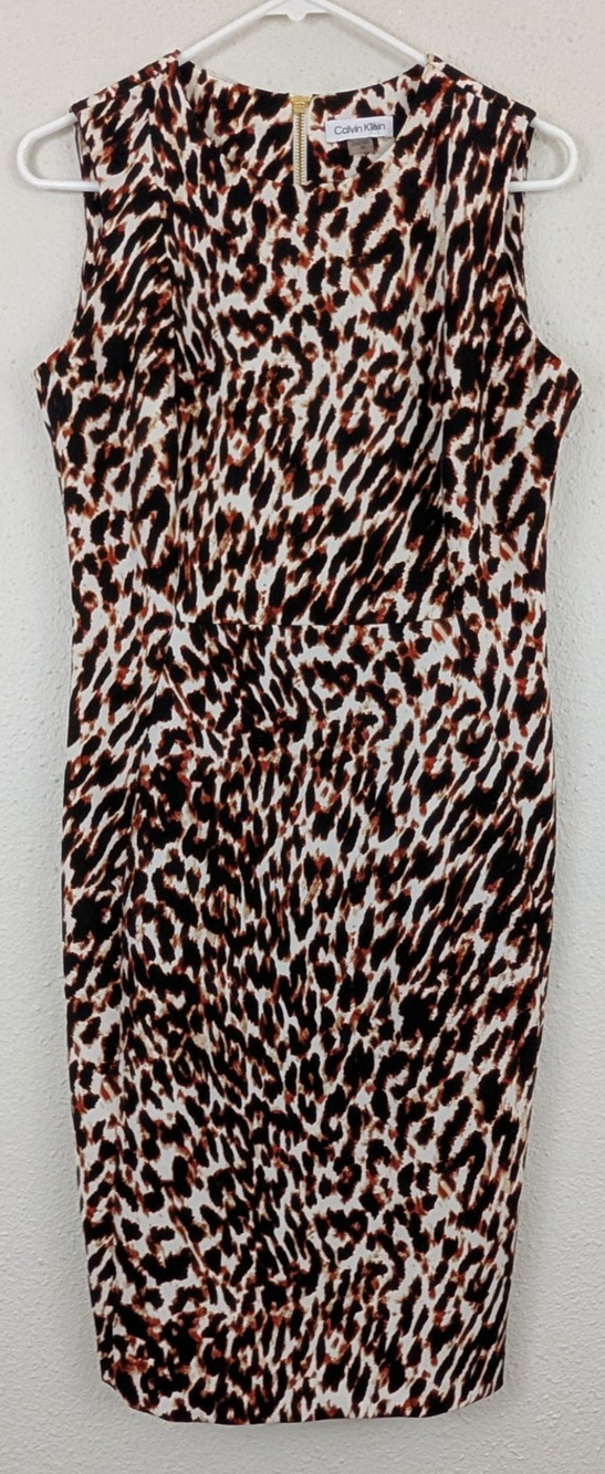 Calvin Klein sz 10 Leopard print Sheath Dress sleeveless tank stretchy 0663